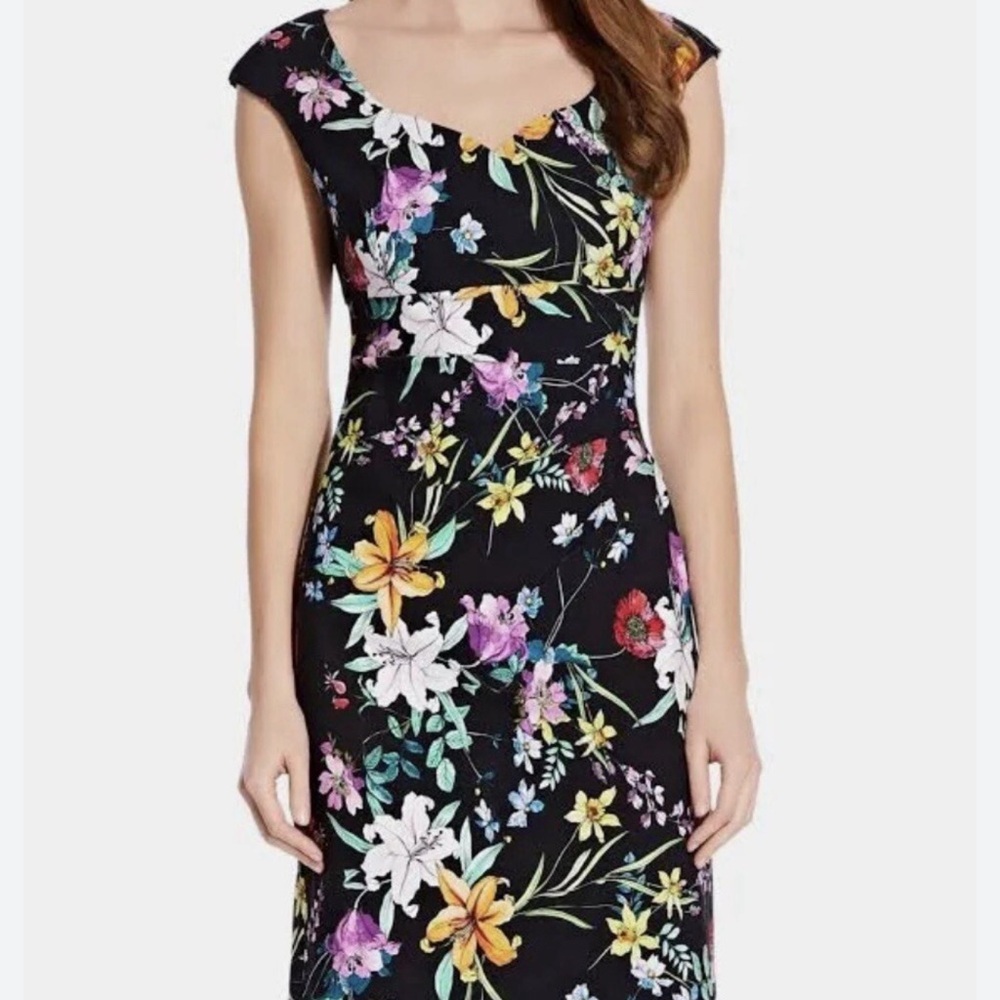 Adrianna Papell Black and Floral Sheath Semiformal Midi Dress Size 14